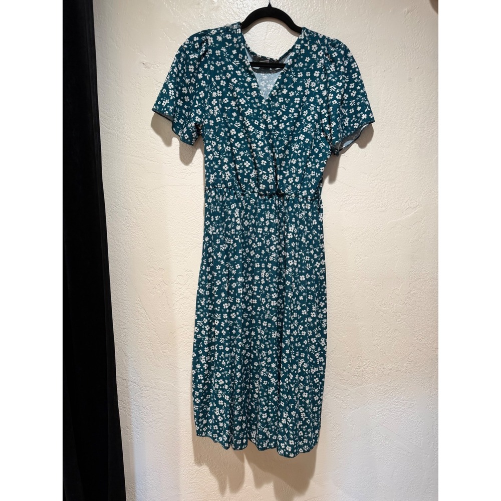 Lark + Grey Teal Green Floral Faux Wrap Midi Dress Womens‎ Large Short Sleeve